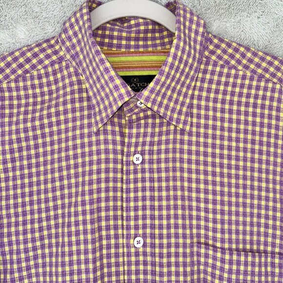 Bugatchi Uomo Long sleeve Purple Yellow Checked Button Up Bright Stripes Large - Picture 7 of 10